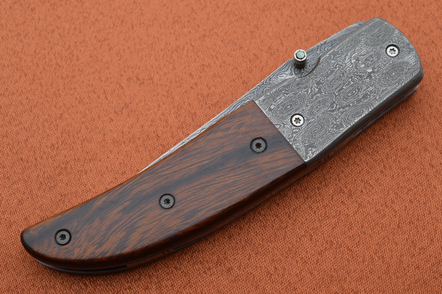 K.R. Johnson Damascus, Desert Ironwood Liner-Lock Folding Knife