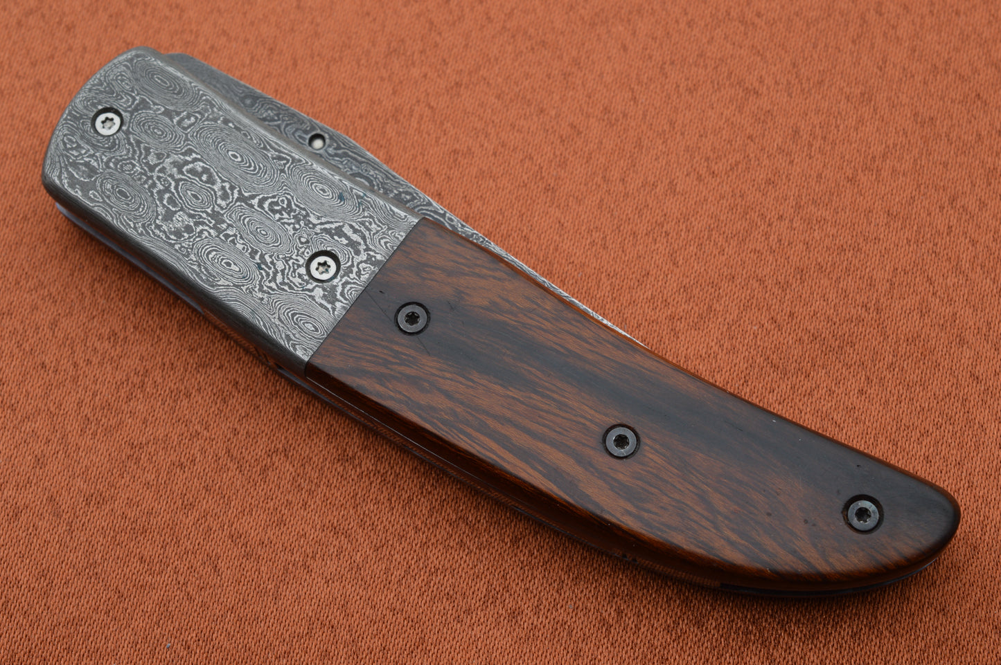 K.R. Johnson Damascus, Desert Ironwood Liner-Lock Folding Knife