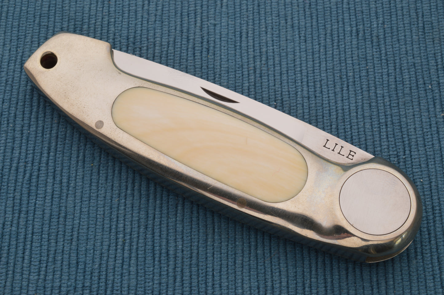 Jimmy Lile Large African Goat Horn Folding Hunter Button-Lock Folding Knife, Leather Pancake Sheath (SOLD)