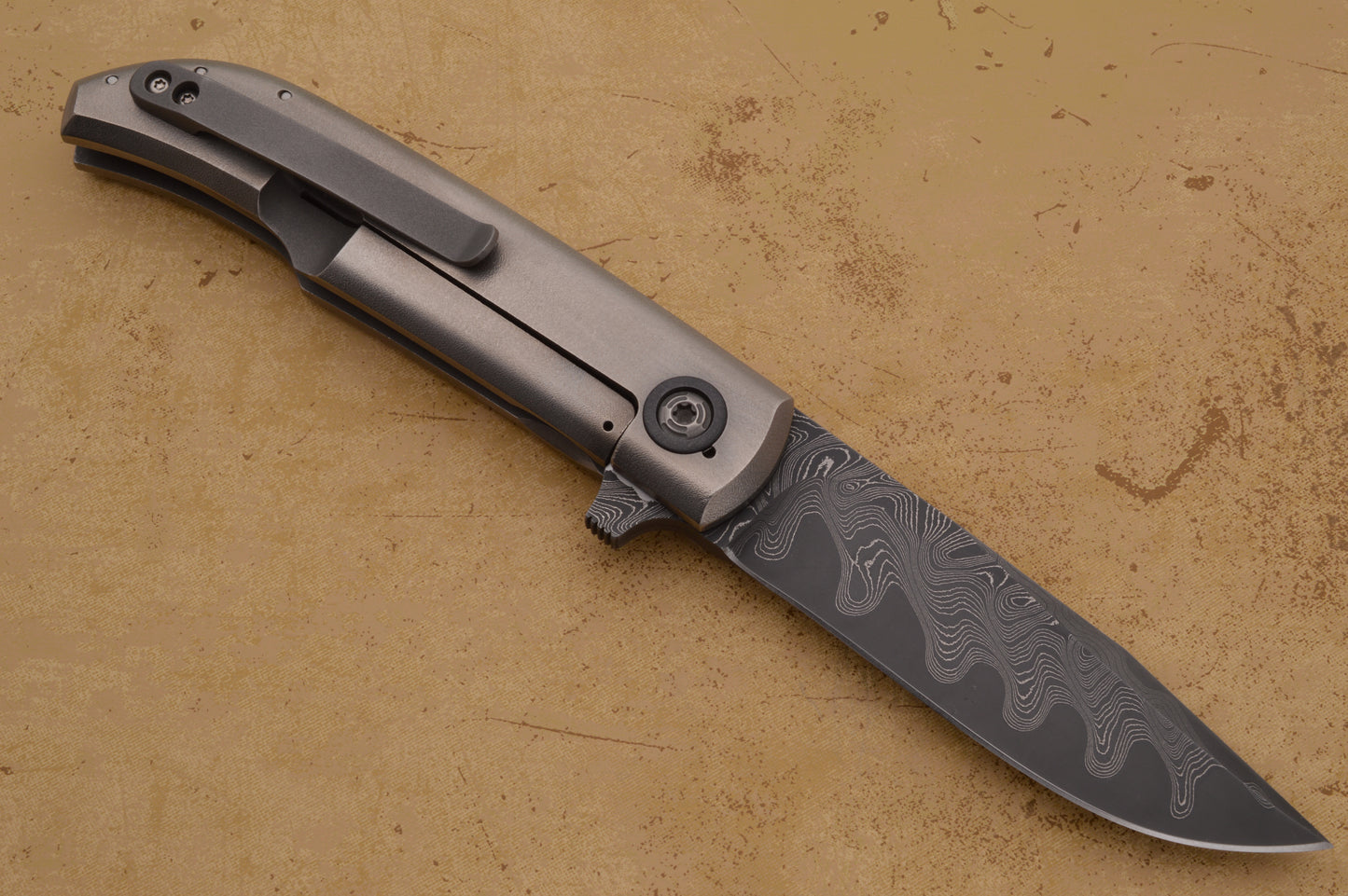 David Sharp San Mai Damascus Frame Horn Flipper, Zirconium Highlights, Frame-Lock Folding Knife