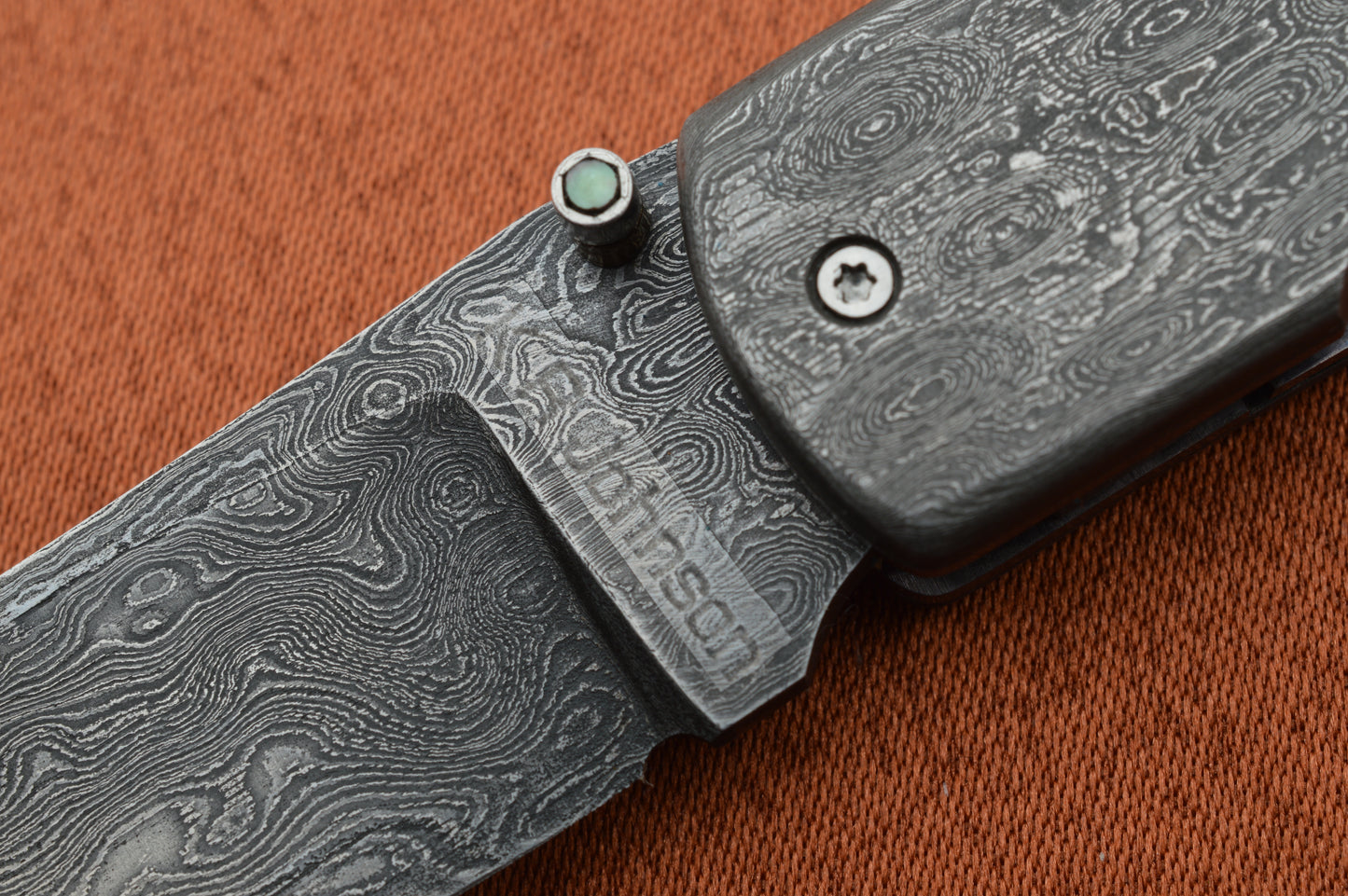 K.R. Johnson Damascus, Desert Ironwood Liner-Lock Folding Knife