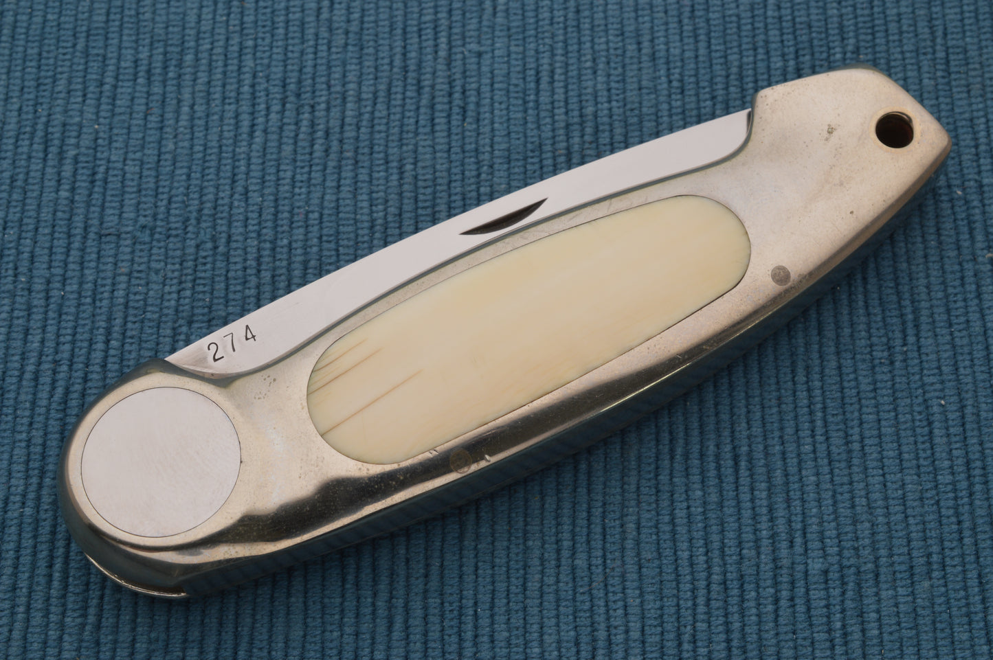 Jimmy Lile Large African Goat Horn Folding Hunter Button-Lock Folding Knife, Leather Pancake Sheath (SOLD)