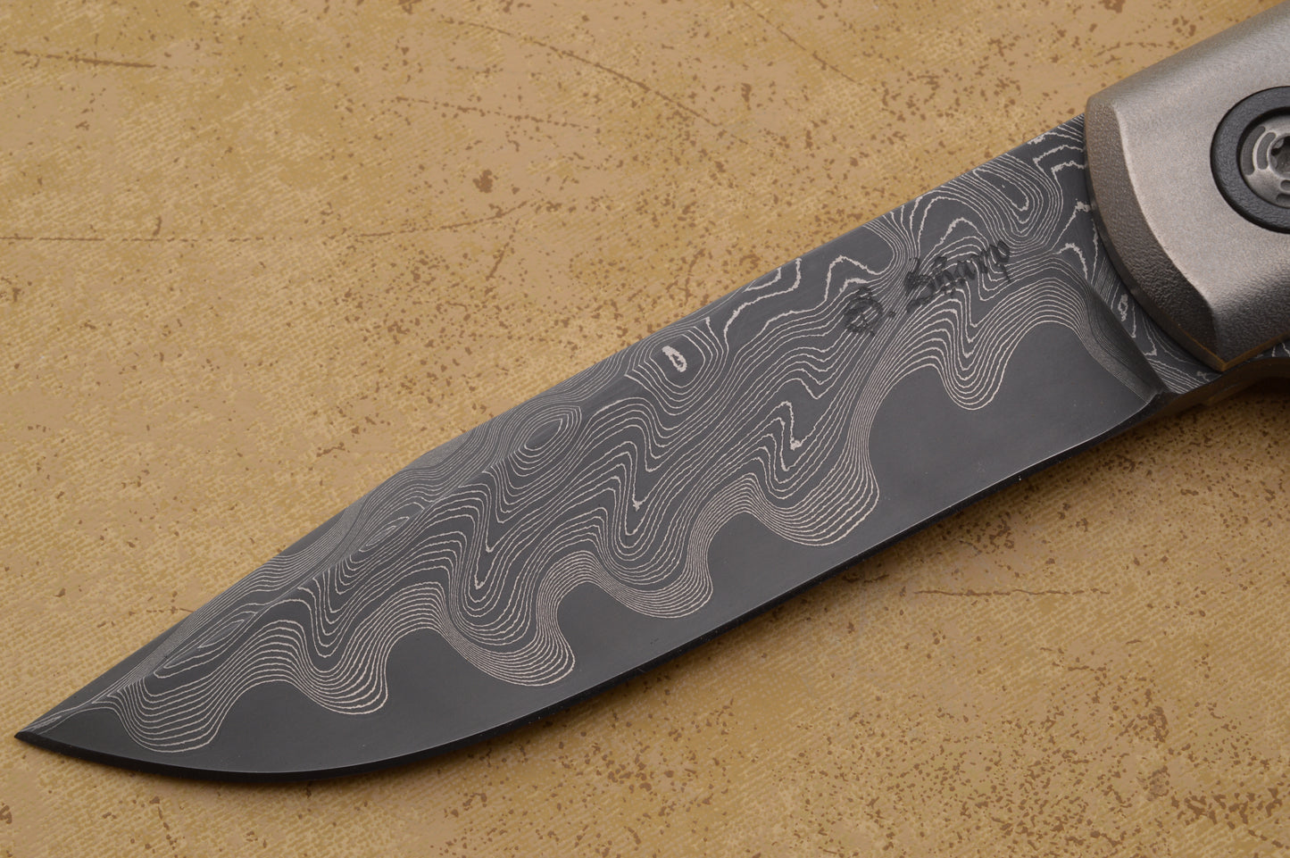 David Sharp San Mai Damascus Frame Horn Flipper, Zirconium Highlights, Frame-Lock Folding Knife