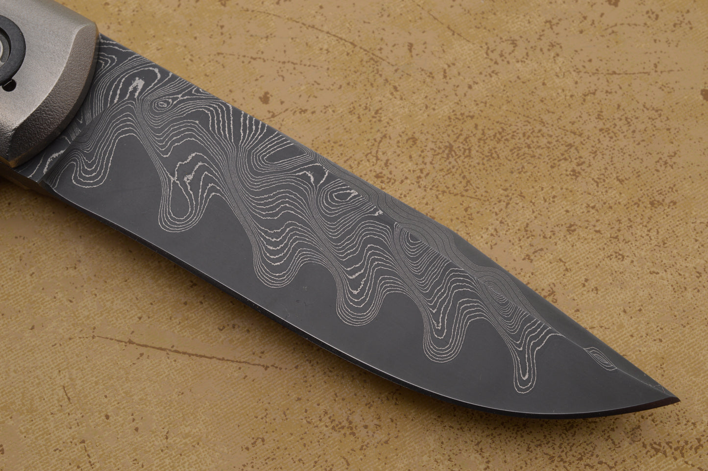 David Sharp San Mai Damascus Frame Horn Flipper, Zirconium Highlights, Frame-Lock Folding Knife