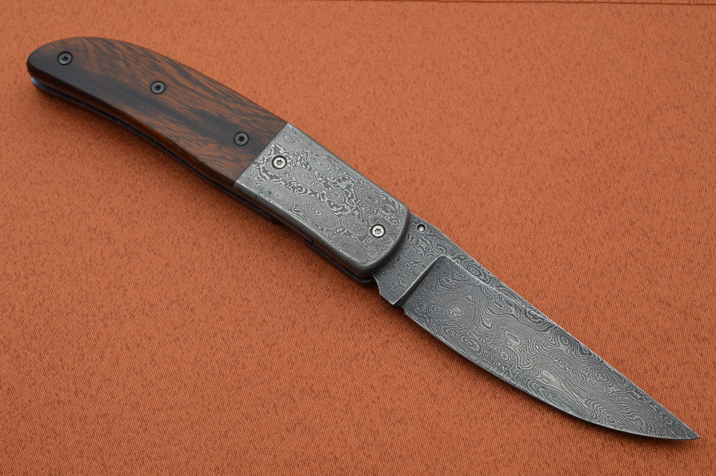 K.R. Johnson Damascus, Desert Ironwood Liner-Lock Folding Knife