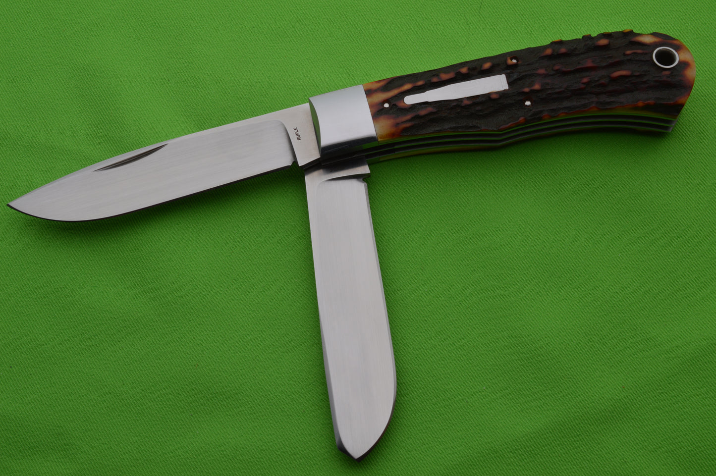 Bill Ruple Amber Stag Remington 1123 Flush-Joint Bullet Trapper, Two-Blade Folding Knife