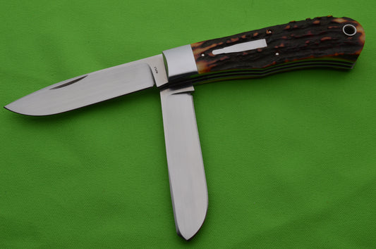 Bill Ruple Amber Stag Remington 1123 Flush-Joint Bullet Trapper, Two-Blade Folding Knife