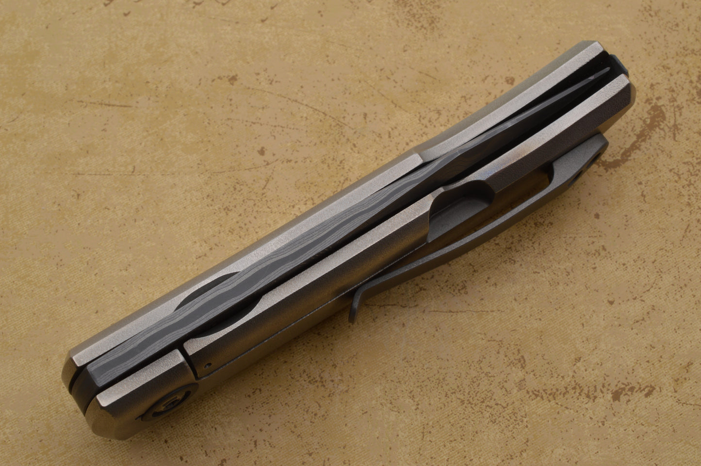 David Sharp San Mai Damascus Frame Horn Flipper, Zirconium Highlights, Frame-Lock Folding Knife