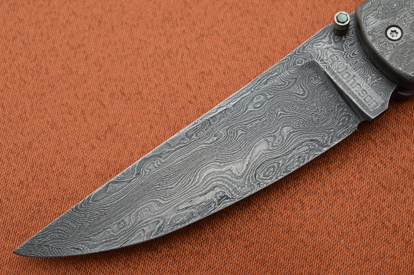 K.R. Johnson Damascus, Desert Ironwood Liner-Lock Folding Knife