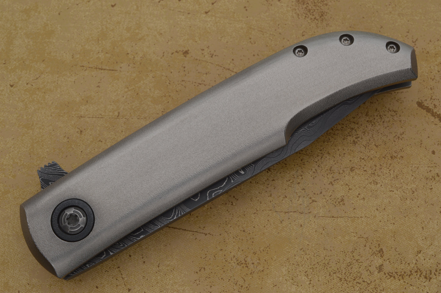 David Sharp San Mai Damascus Frame Horn Flipper, Zirconium Highlights, Frame-Lock Folding Knife