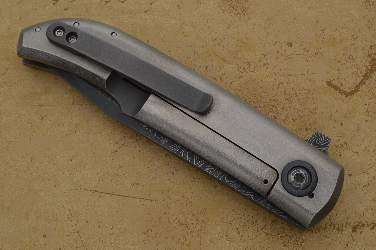 David Sharp San Mai Damascus Frame Horn Flipper, Zirconium Highlights, Frame-Lock Folding Knife