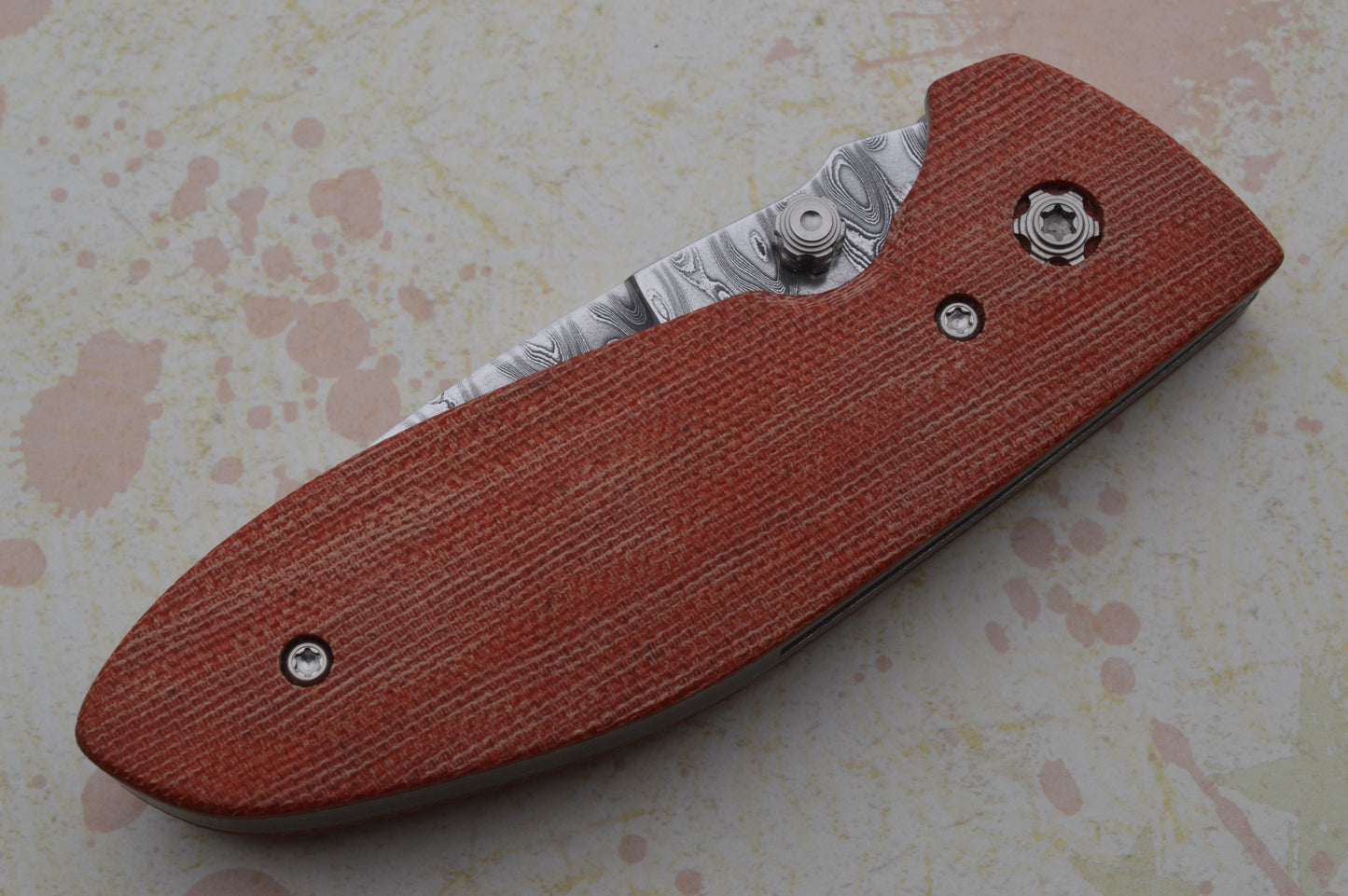 Tom Krein Liner-Lock ALPHA, Nichols Stainless Blackout Damascus, Red Chili Pepper Micarta (SOLD)