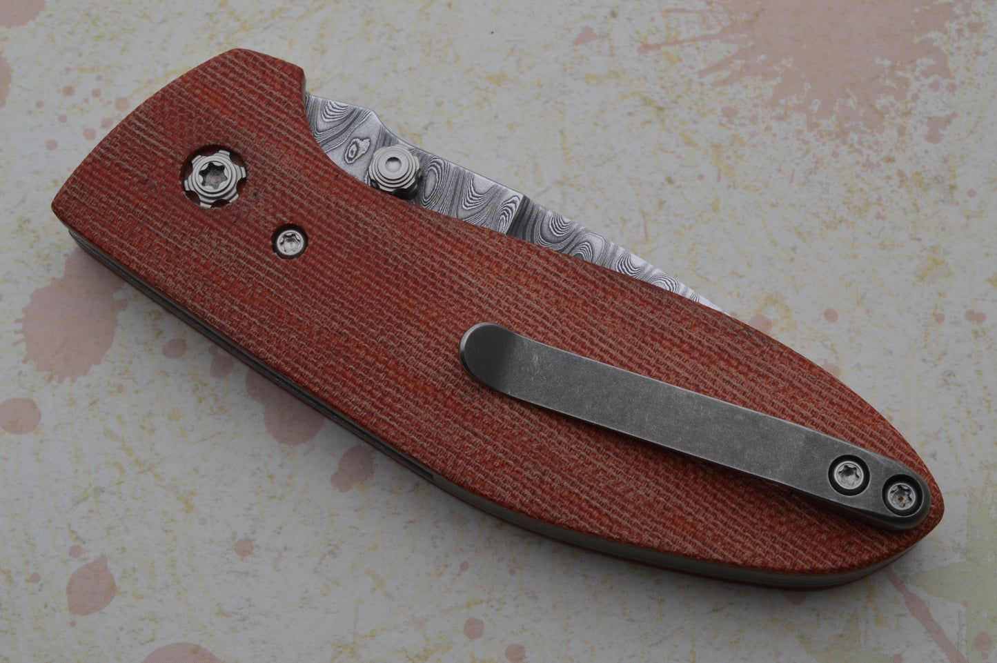 Tom Krein Liner-Lock ALPHA, Nichols Stainless Blackout Damascus, Red Chili Pepper Micarta (SOLD)