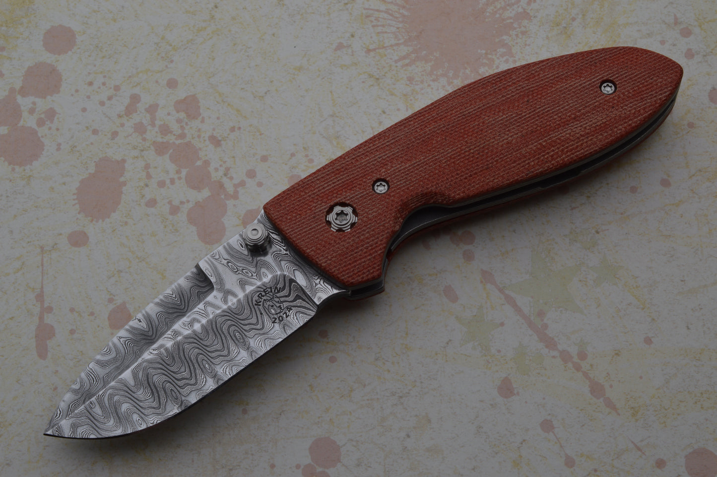 Tom Krein Liner-Lock ALPHA, Nichols Stainless Blackout Damascus, Red Chili Pepper Micarta (SOLD)