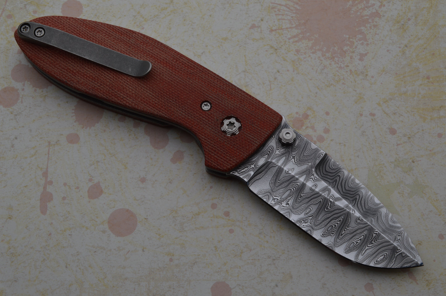 Tom Krein Liner-Lock ALPHA, Nichols Stainless Blackout Damascus, Red Chili Pepper Micarta (SOLD)