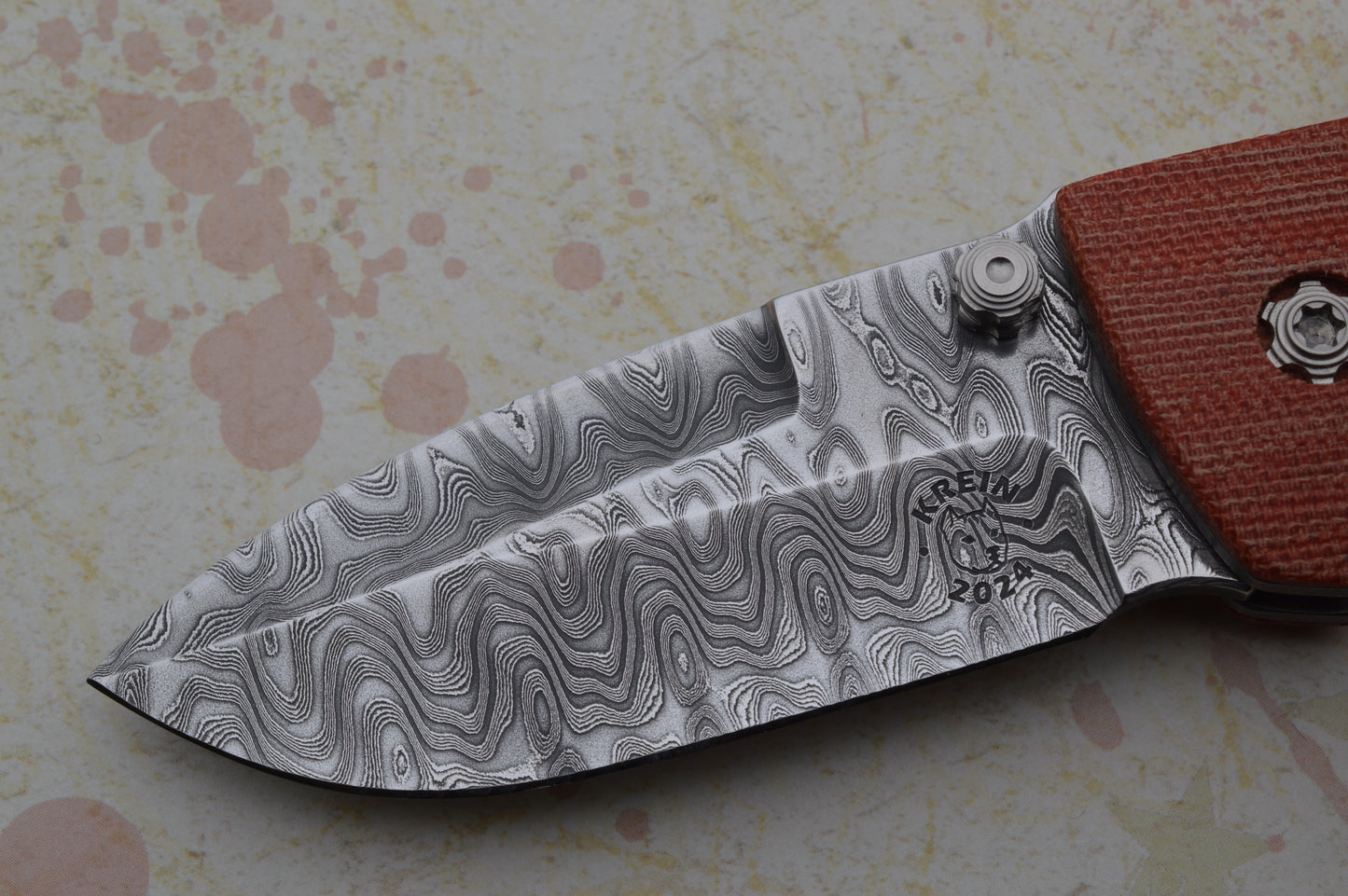 Tom Krein Liner-Lock ALPHA, Nichols Stainless Blackout Damascus, Red Chili Pepper Micarta (SOLD)