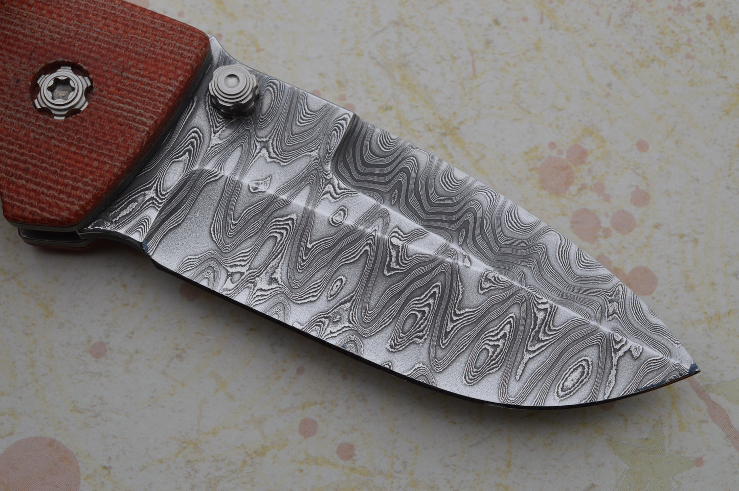 Tom Krein Liner-Lock ALPHA, Nichols Stainless Blackout Damascus, Red Chili Pepper Micarta (SOLD)