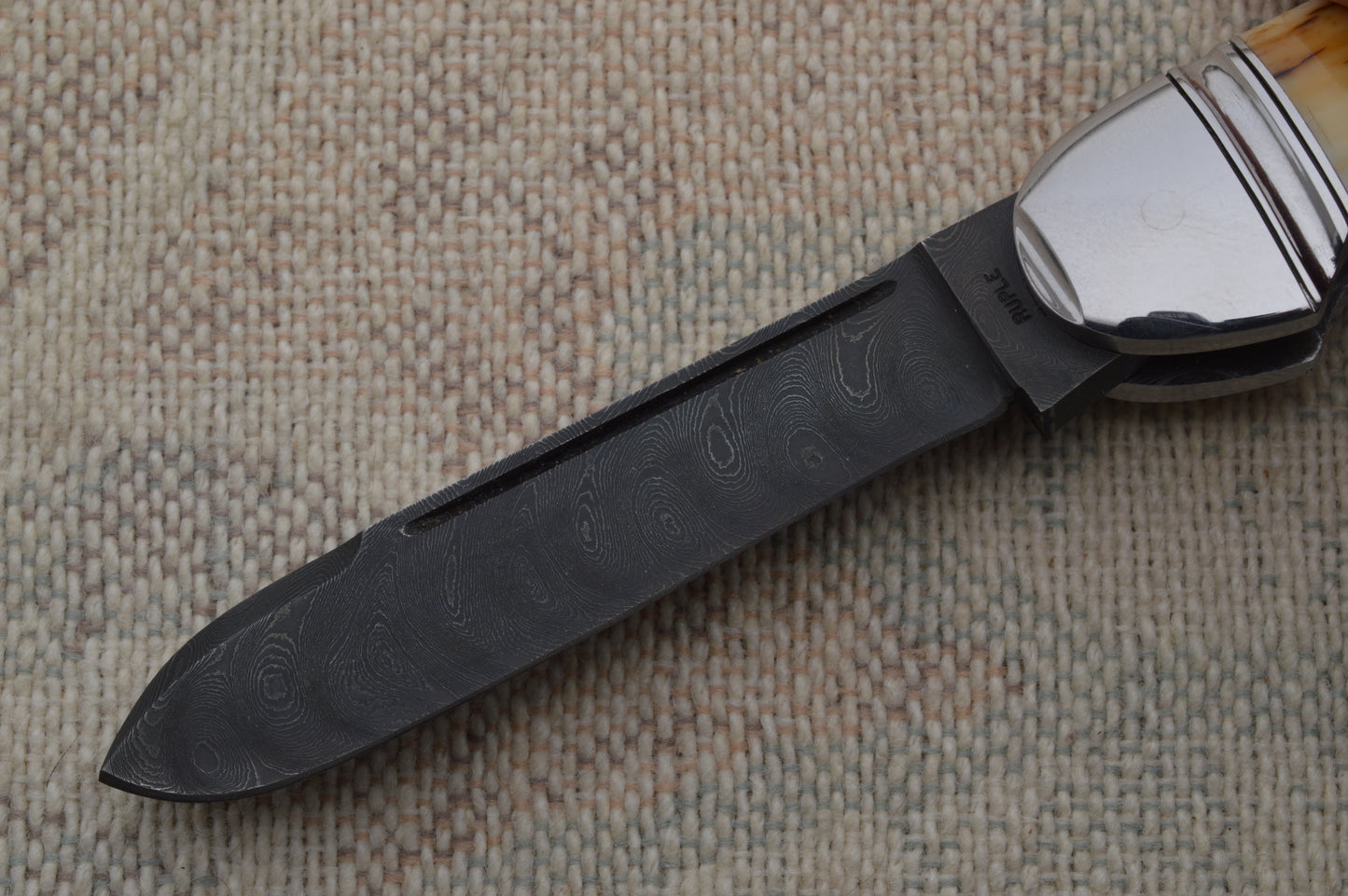 Bill Ruple Damascus Split-Back 3-Blade Canoe Whittler, Fossilized Scales