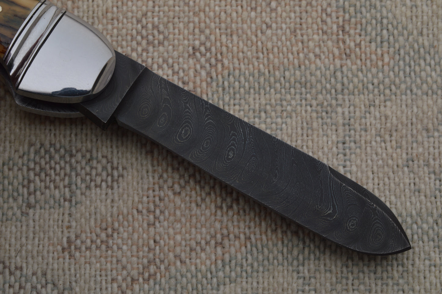 Bill Ruple Damascus Split-Back 3-Blade Canoe Whittler, Fossilized Scales