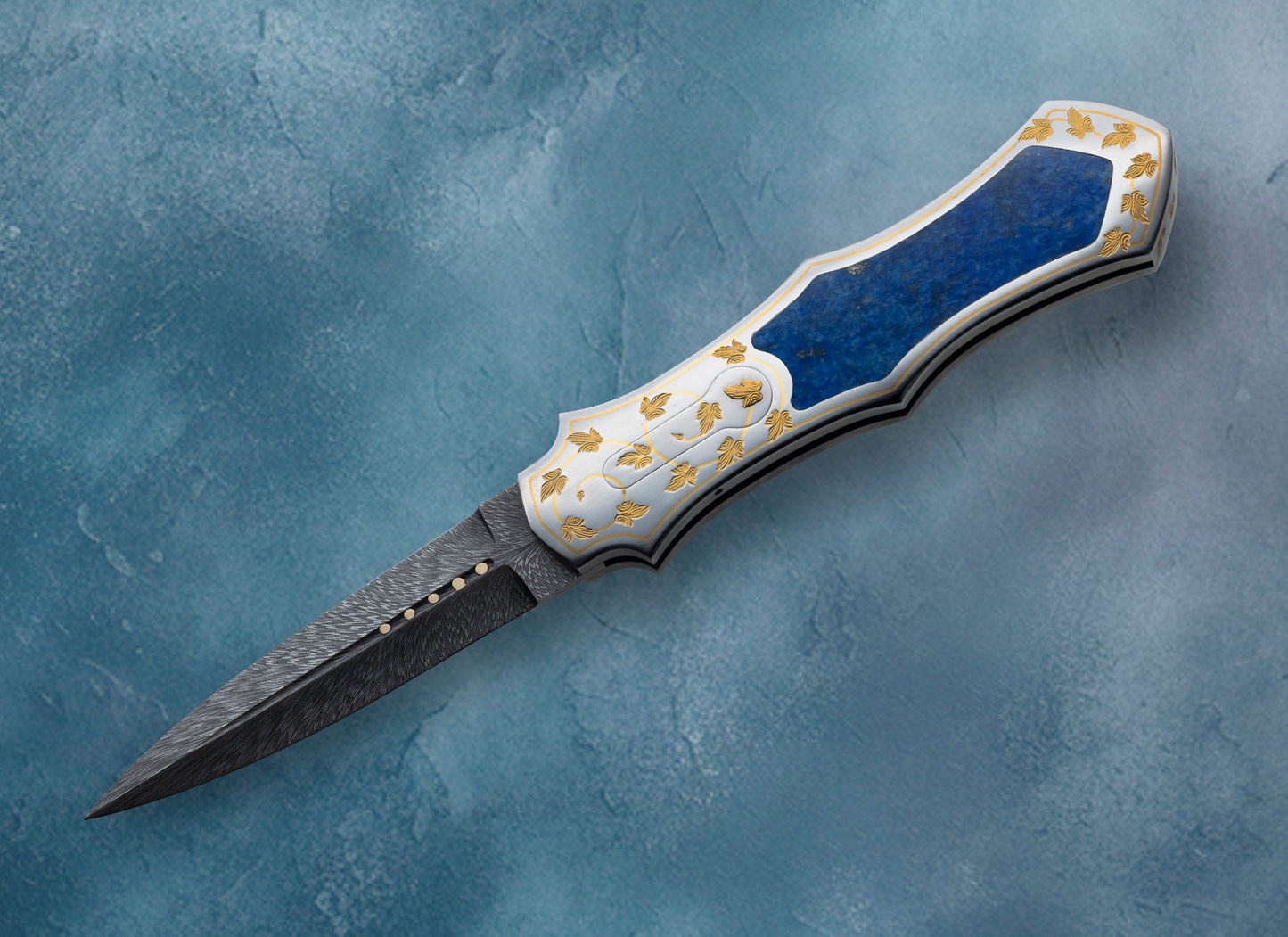 John Horrigan M.S. Damascus Automatic Folding Knife, Lapis Stone, 24k Gold Inlays