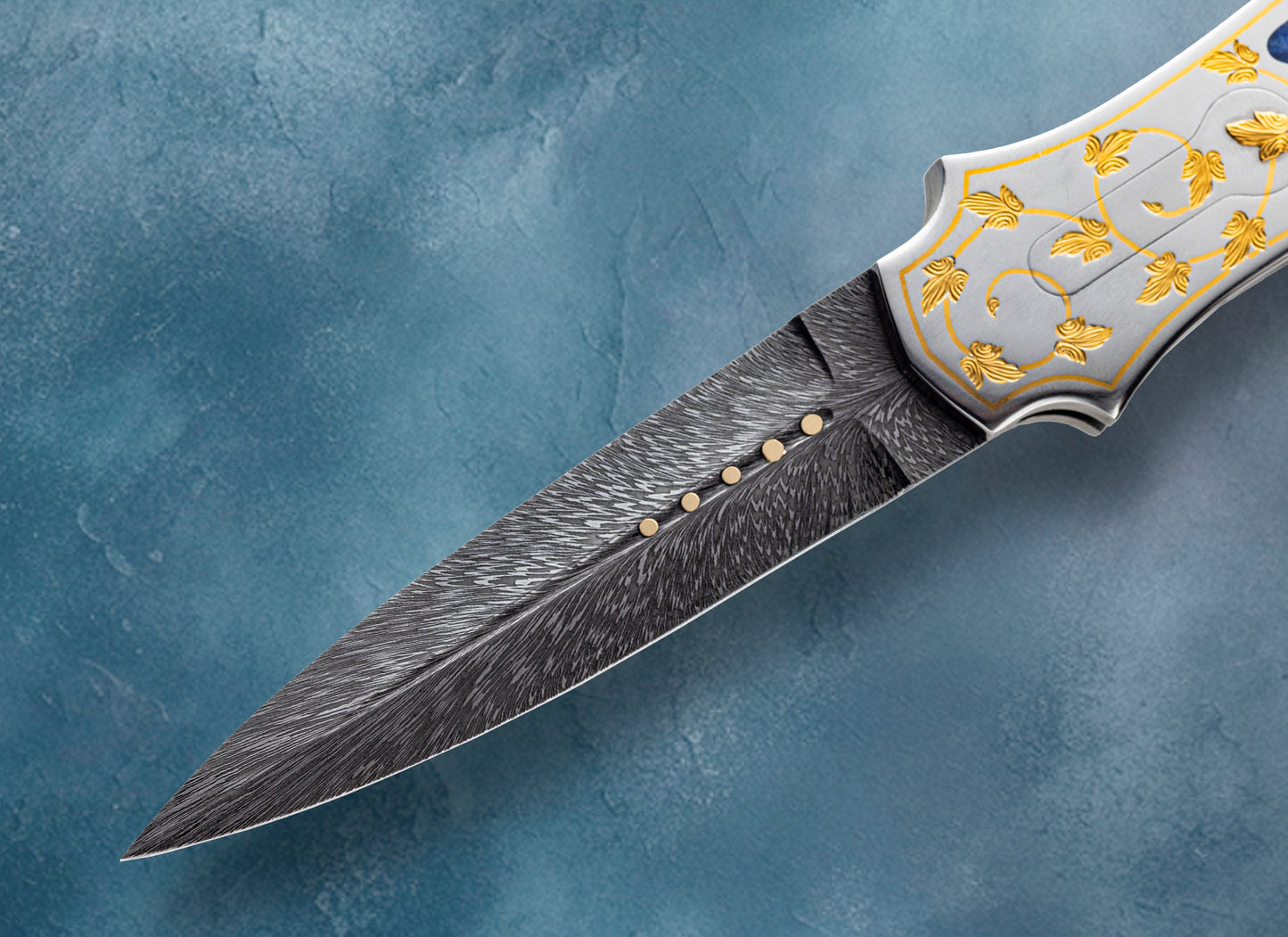 John Horrigan M.S. Damascus Automatic Folding Knife, Lapis Stone, 24k Gold Inlays