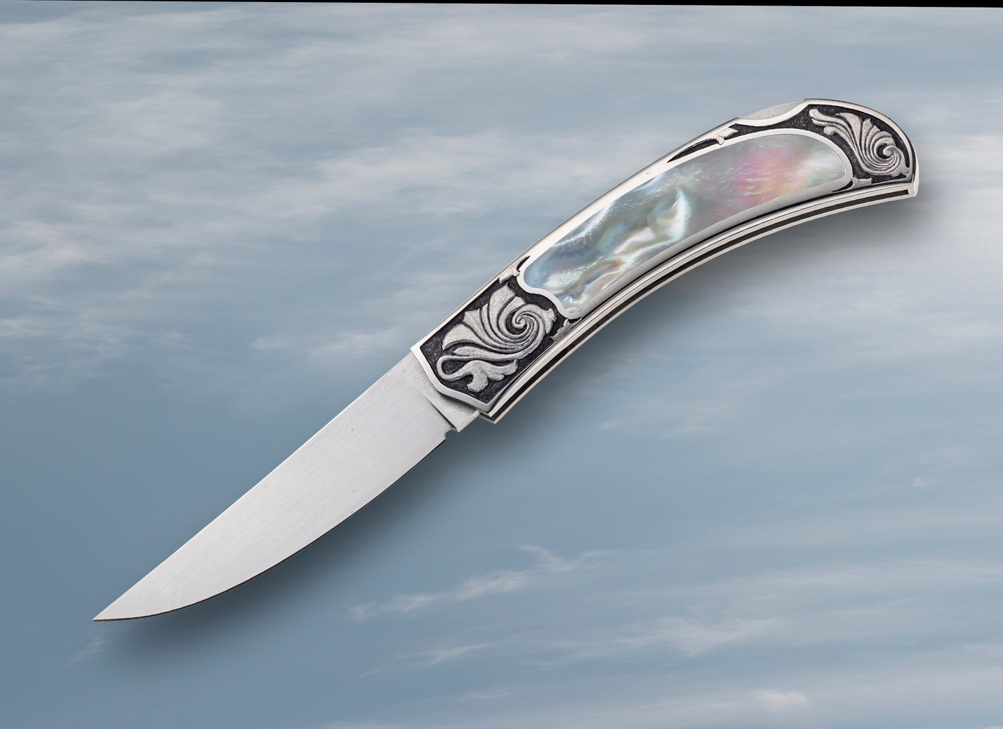 John Horrigan M.S. Engraved Mother of Pearl Lock-Back Folding Knife