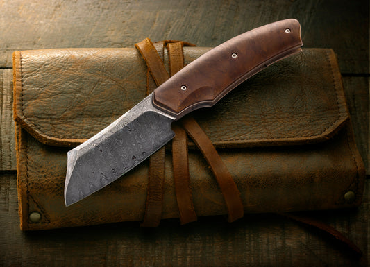 David Lespect Damascus Liner-Lock Front Flipper, Leather Slip (SOLD)