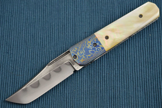 Chuck Gedraitis YAKUZA Liner Lock Folding Knife with Hamon, Gold Lip Pearl Scales, Timascus Bolster (SOLD)