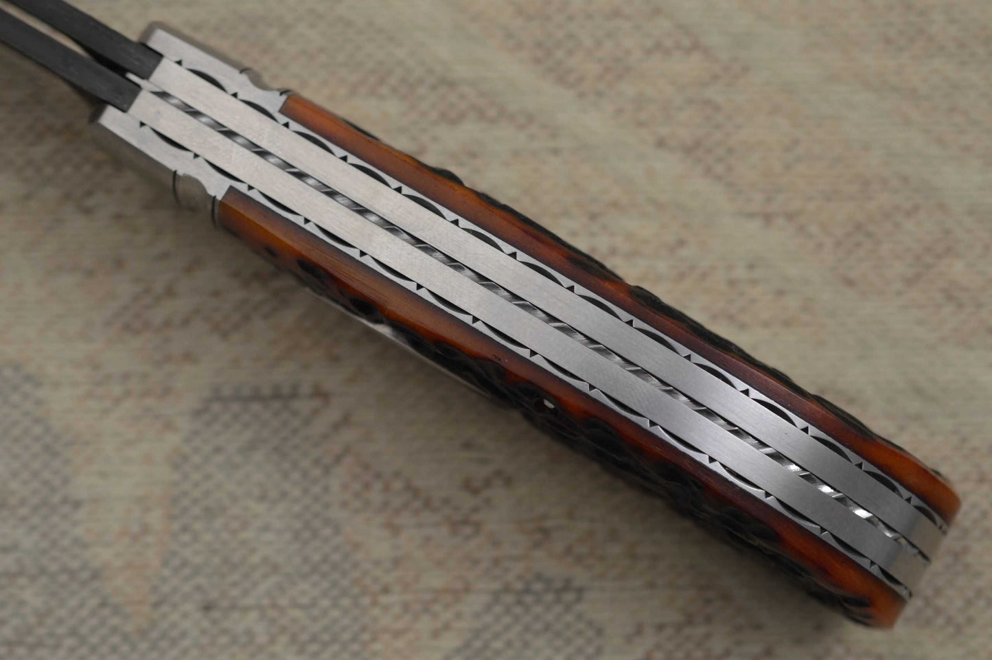 Bill Ruple Two-Blade Saddlehorn Trapper, Rob Thomas Damascus, File-Worked Liners (SOLD)