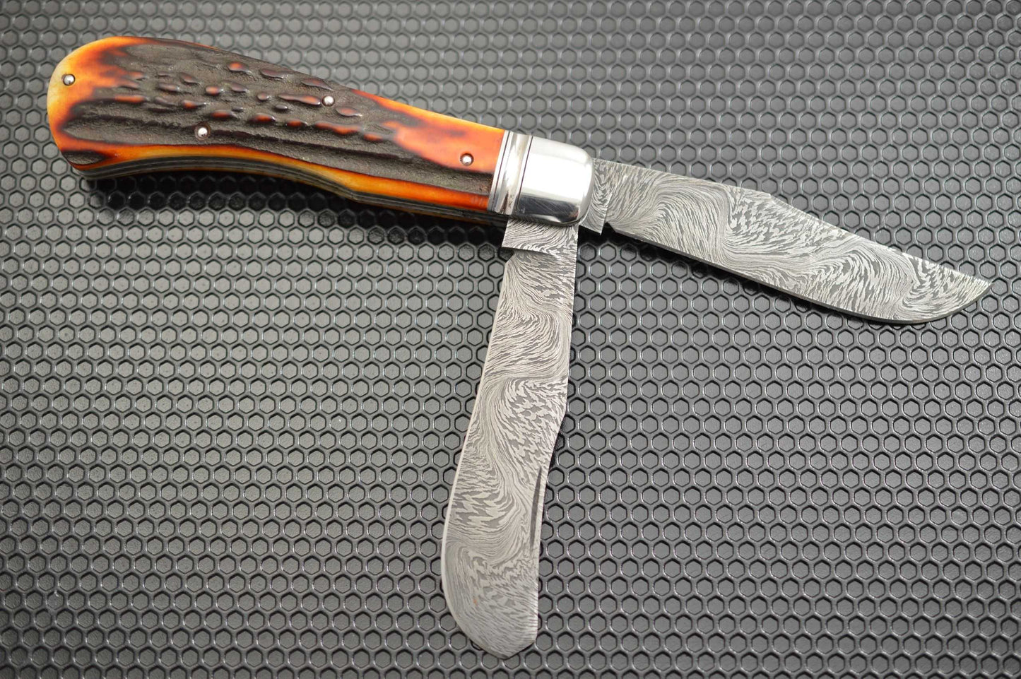 Toby Hill Two-Blade Stag Saddlehorn Trapper, Bruce Barnett "River Of Fire" Damascus Blades (SOLD)