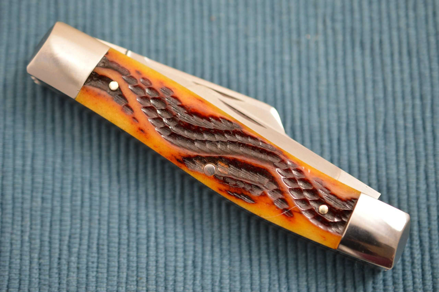 Bill Ruple 3-Blade Stockman, Serpentine Amber Jigged Bone Scales, File-Work (SOLD)