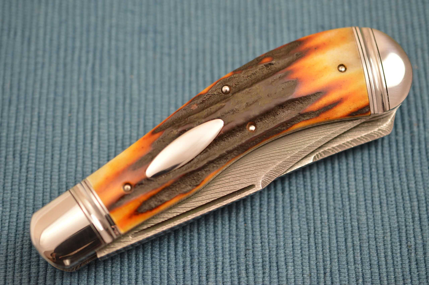 Bill Ruple Damascus and Stag, Large Two-Blade Saddlehorn Trapper (SOLD)