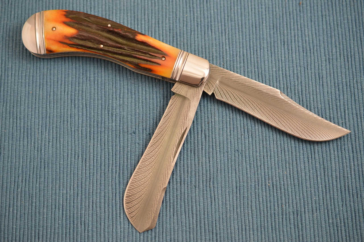 Bill Ruple Damascus and Stag, Large Two-Blade Saddlehorn Trapper (SOLD)