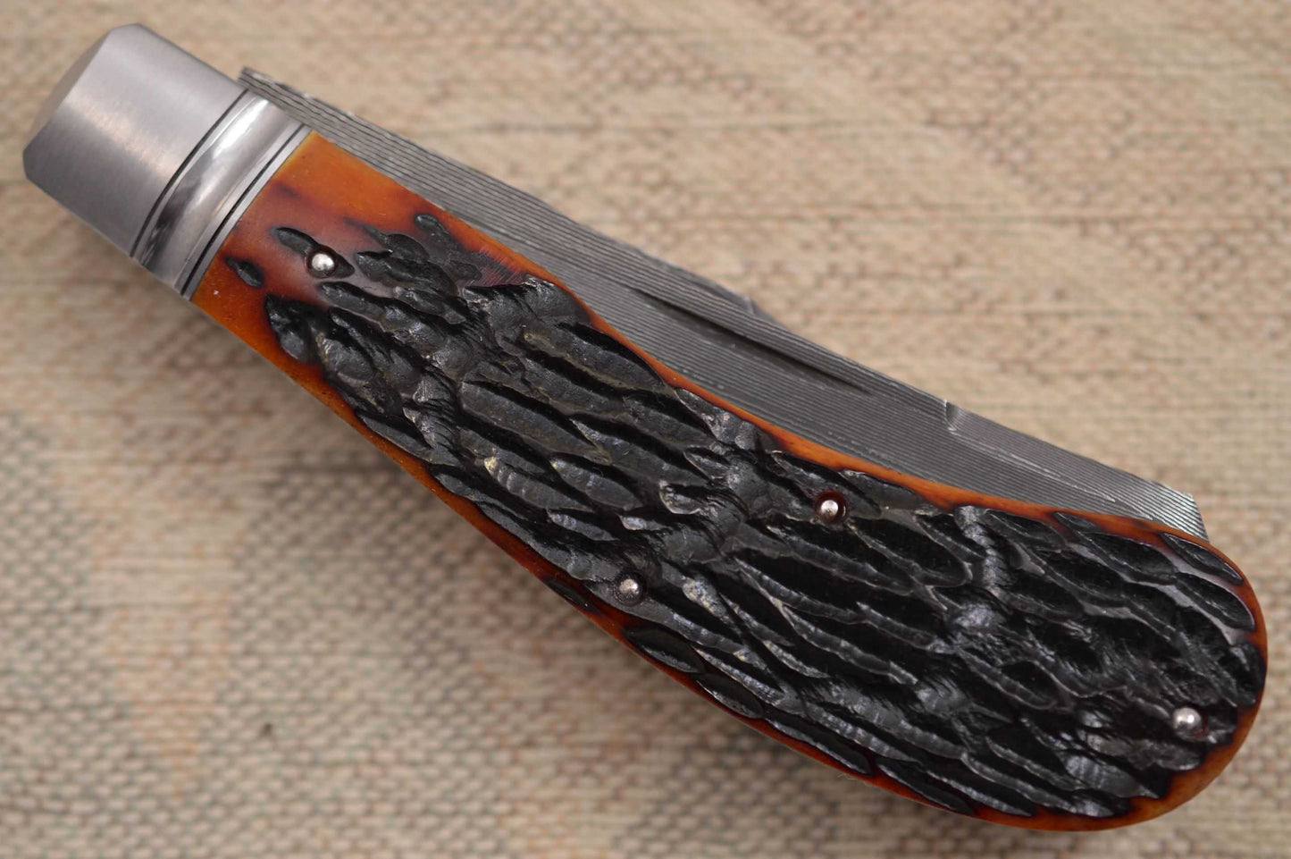 Bill Ruple Two-Blade Saddlehorn Trapper, Rob Thomas Damascus, File-Worked Liners (SOLD)