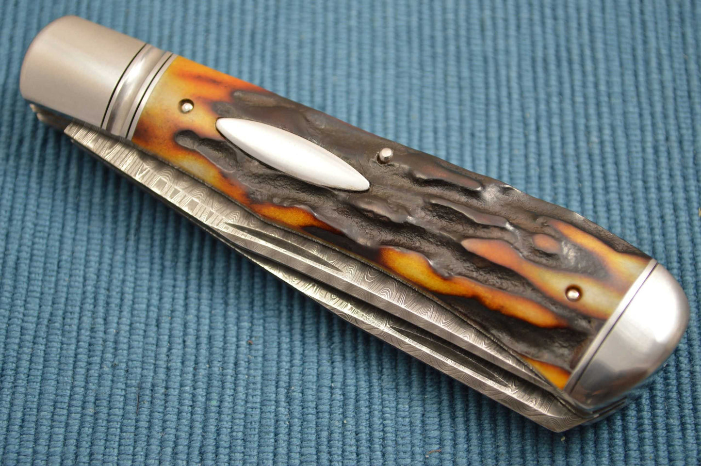 Bill Ruple Stag Two-Blade Devin Thomas Damascus Trapper, File-Worked Liners (SOLD)