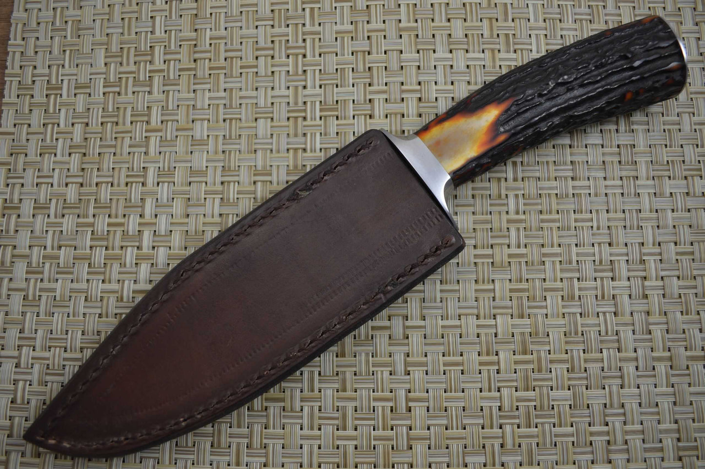 Jim Crowell, M.S. Canned Damascus Bowie Knife, Stag Handle, Shark Skin Sheath (SOLD)