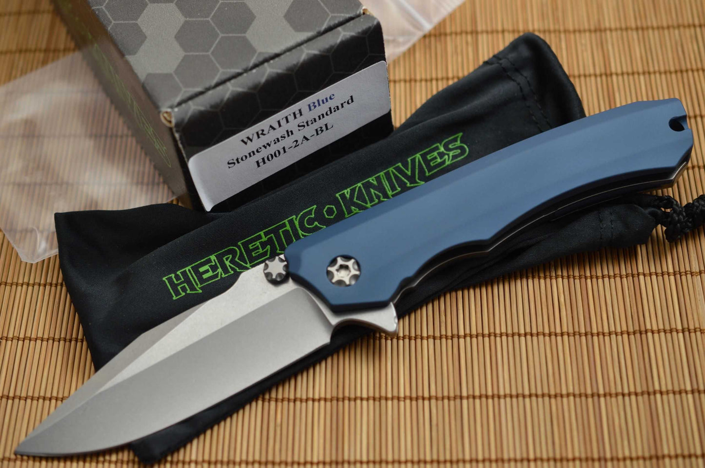 Heretic Knives, Marfione WRAITH, Stonewashed CPM-154, Blue Handle (SOLD)