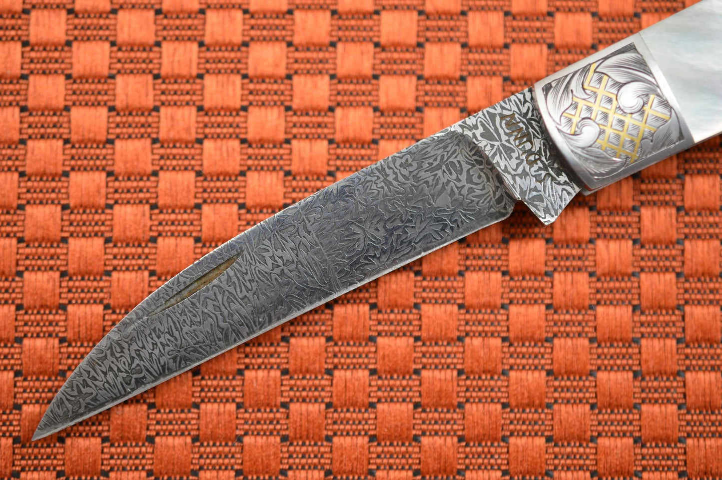 Steve Dunn, M.S. Gents Folder, Mother of Pearl, Thorns and Thistle Damascus, 24K Gold Engraving (SOLD)