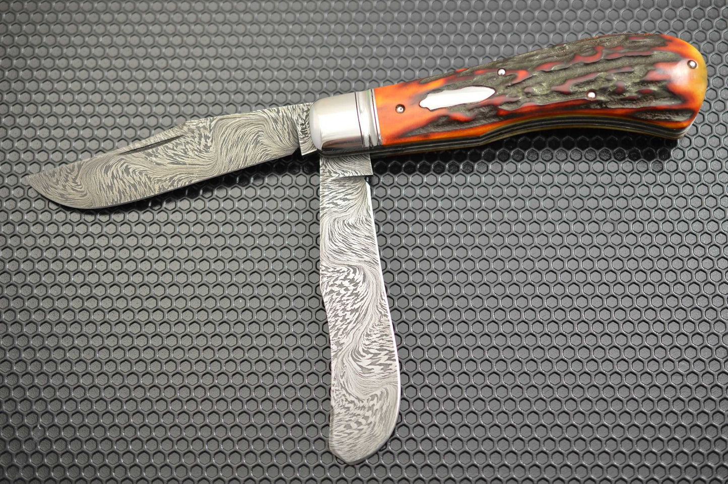 Toby Hill Two-Blade Stag Saddlehorn Trapper, Bruce Barnett "River Of Fire" Damascus Blades (SOLD)