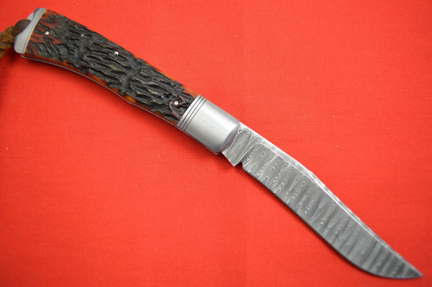 Bill Ruple Slip Joint Trapper, Amber Jigged Bone, Devin Thomas Damascus, File-Work (SOLD)