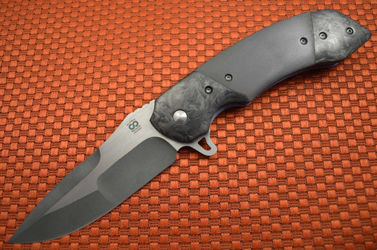 Olamic Cutlery Custom Wayfarer Classic Flipper, Double Marbled CF Bolsters, Orange Peel Zirconium (SOLD)