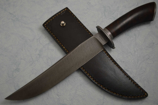 Shawn McIntyre, M.S. Damascus & Desert Ironwood Bowie Knife, Leather Sheath (SOLD)