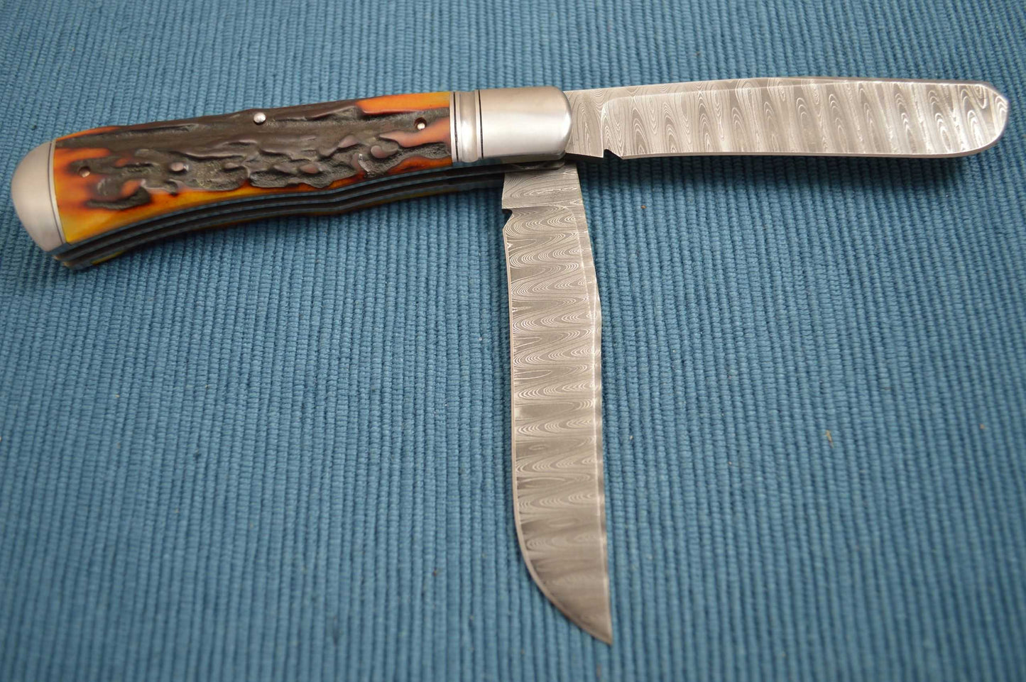 Bill Ruple Stag Two-Blade Devin Thomas Damascus Trapper, File-Worked Liners (SOLD)