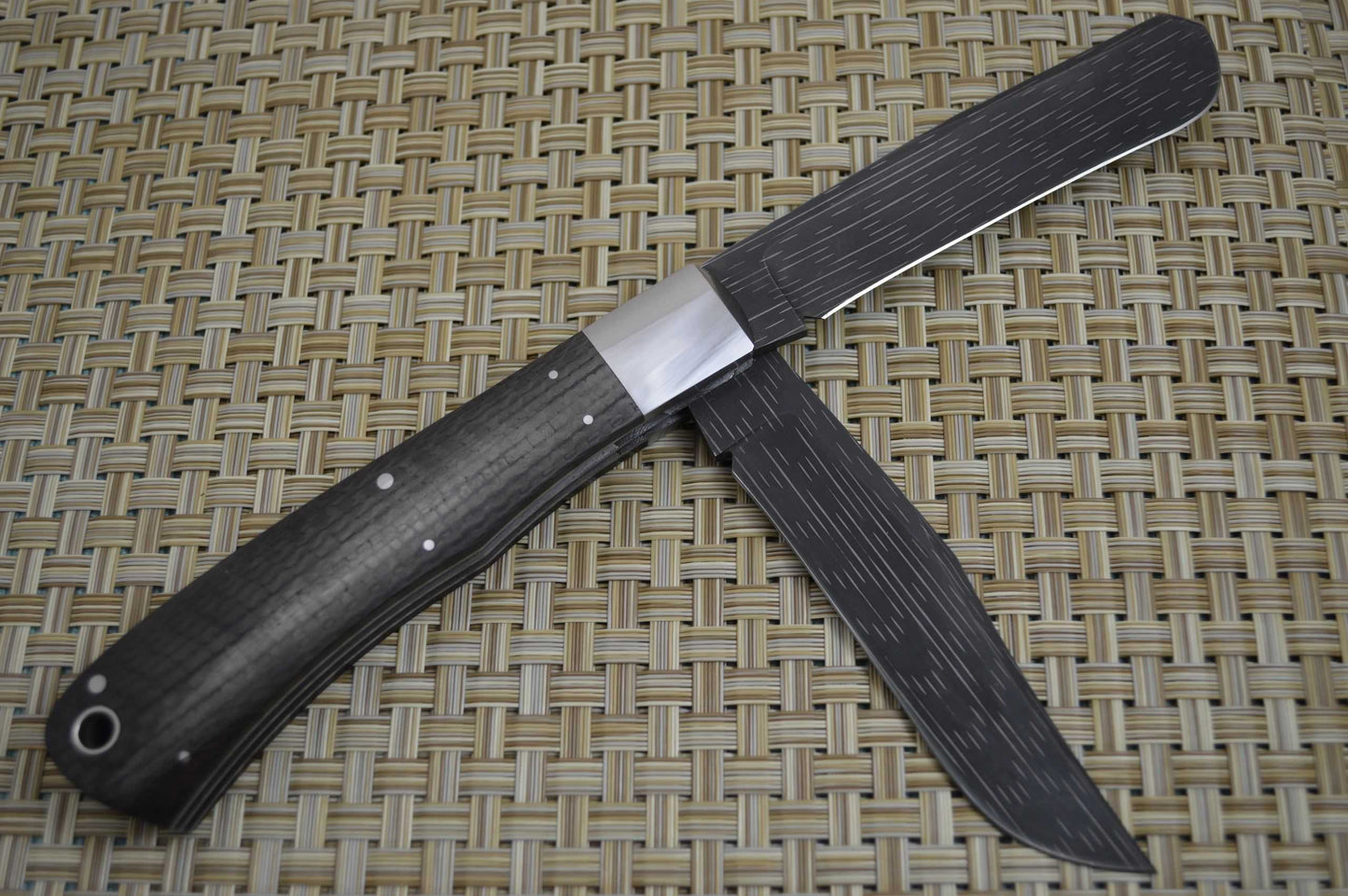 Bill Ruple Large Carbon Fiber Two Blade Trapper, Chad Nichols Starfire Damascus (SOLD)