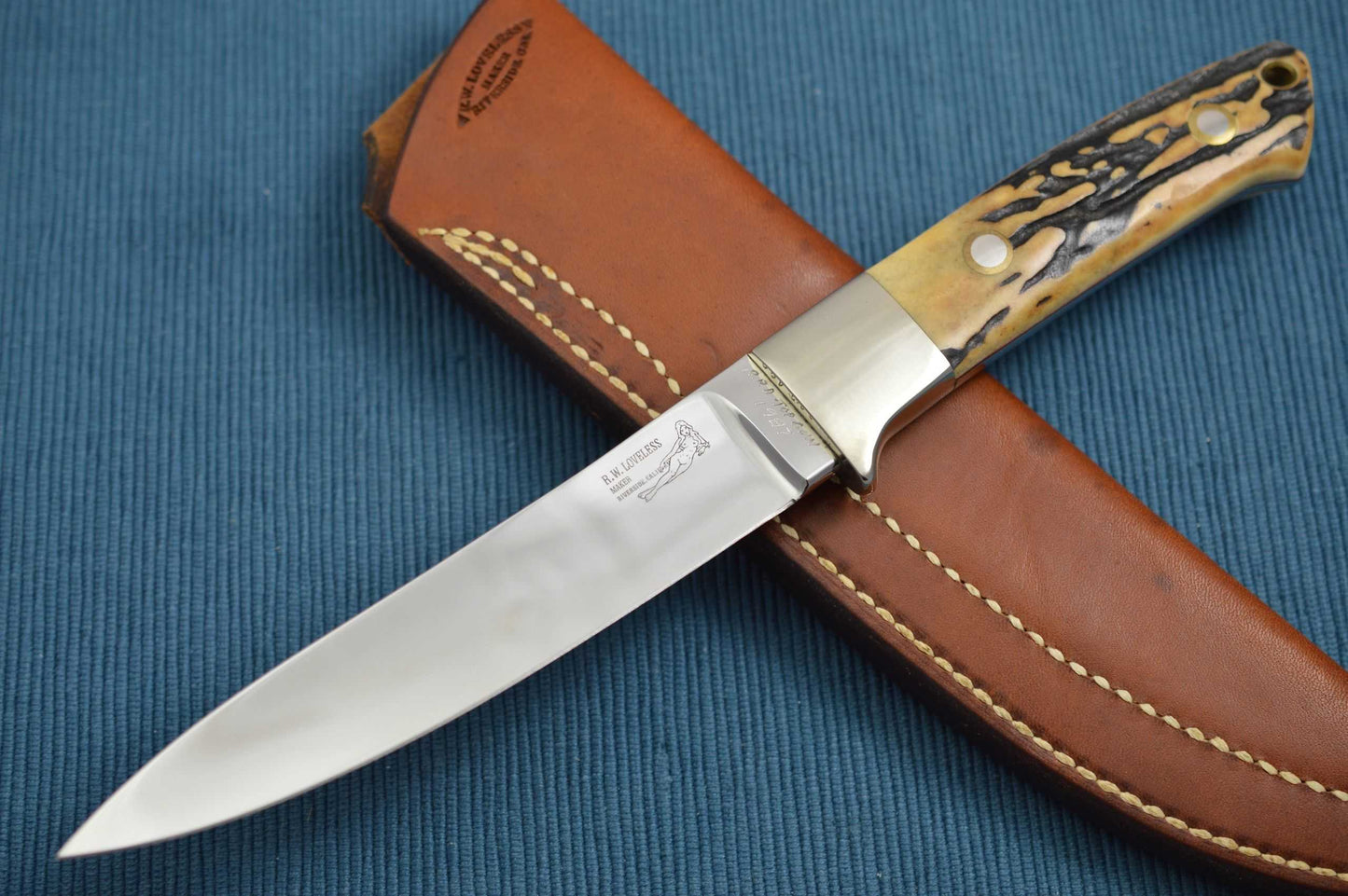 Bob Loveless Large Stag Skinner Knife, Double Nude, Riverside Police Dept. Top Gun 1987, Leather Sheath (SOLD)