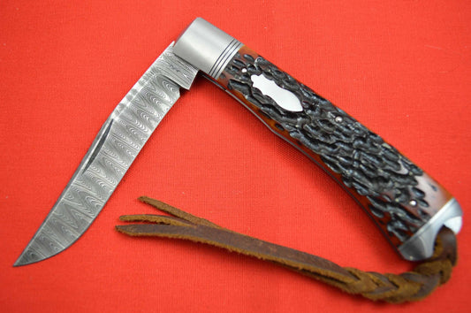 Bill Ruple Slip Joint Trapper, Amber Jigged Bone, Devin Thomas Damascus, File-Work (SOLD)