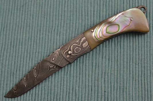 Wayne Valachovic, M.S. Damascus, Abalone, Tail-Lock Gents Folder (SOLD)