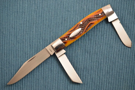 Bill Ruple 3-Blade Stockman, Serpentine Amber Jigged Bone Scales, File-Work (SOLD)