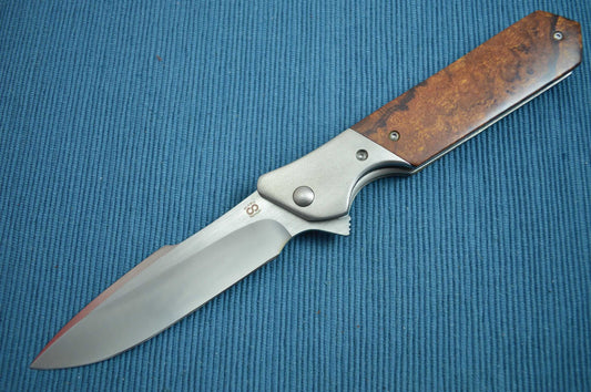 Olamic Cutlery Rainmaker, Desert Ironwood Scales, Harpoon Blade, Orange Peel (SOLD)