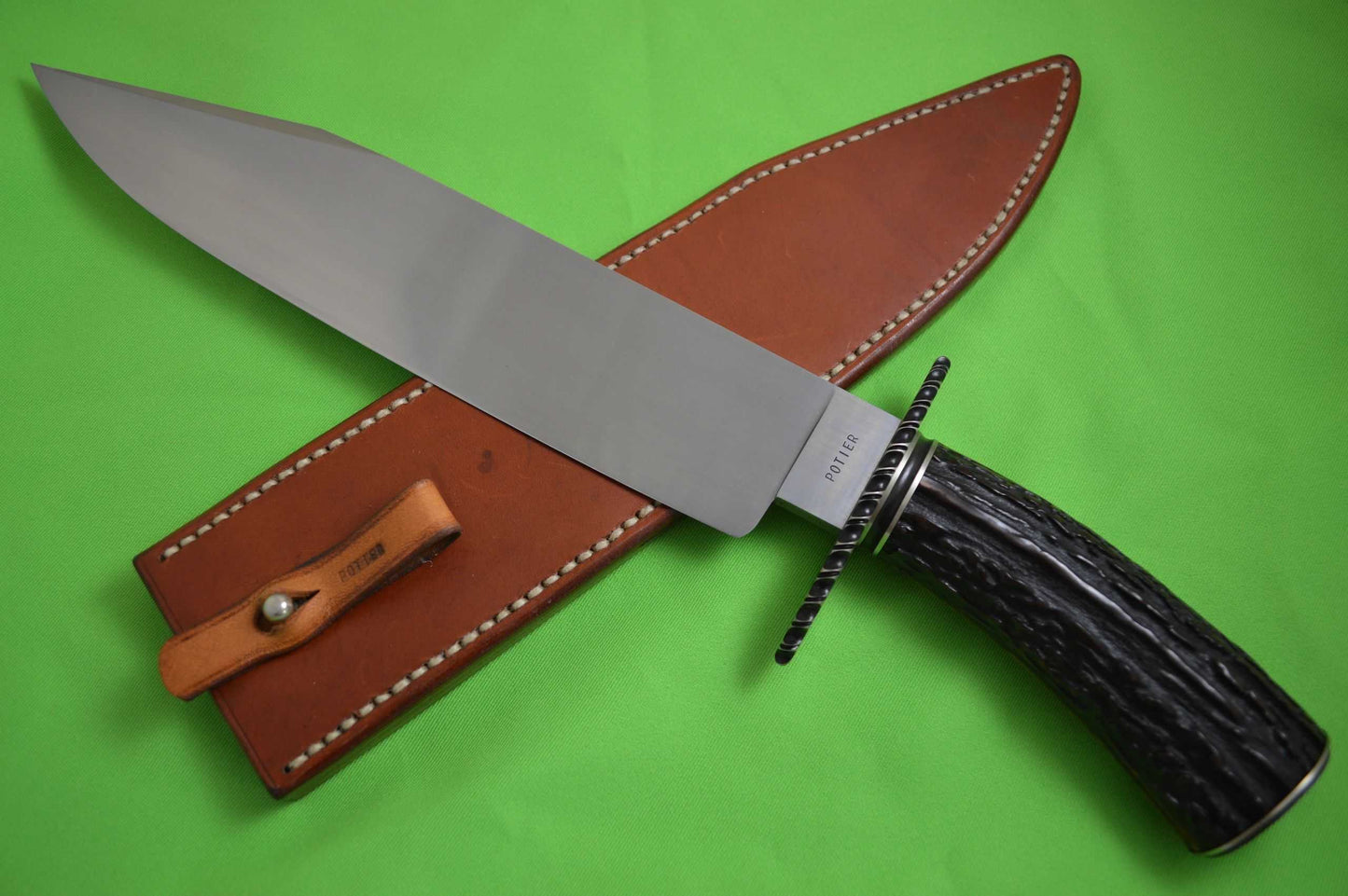 Timothy Potier, M.S. Large Stag Bowie, Leather Sheath (SOLD)